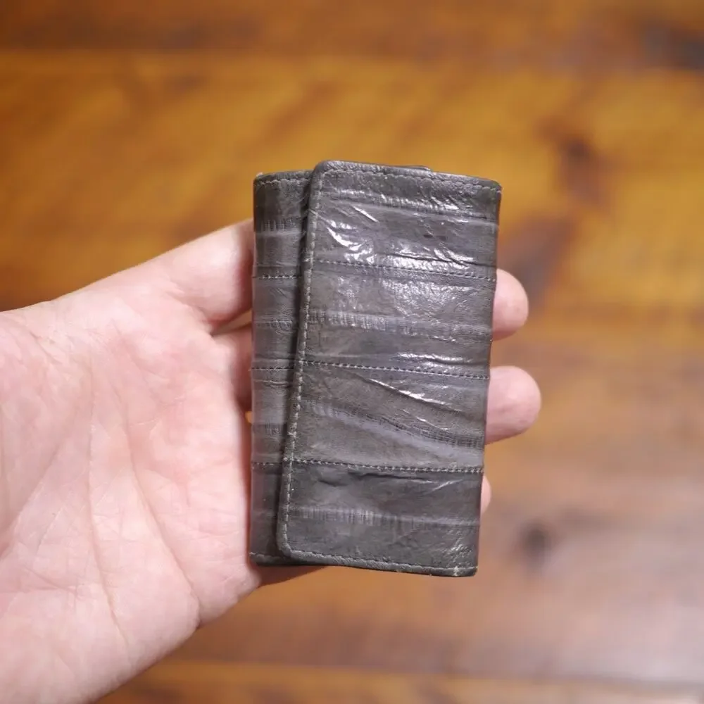 Vintage 80s Genuine Gray Eel Skin Leather Slim Key Wallet w/ Zip Pouch